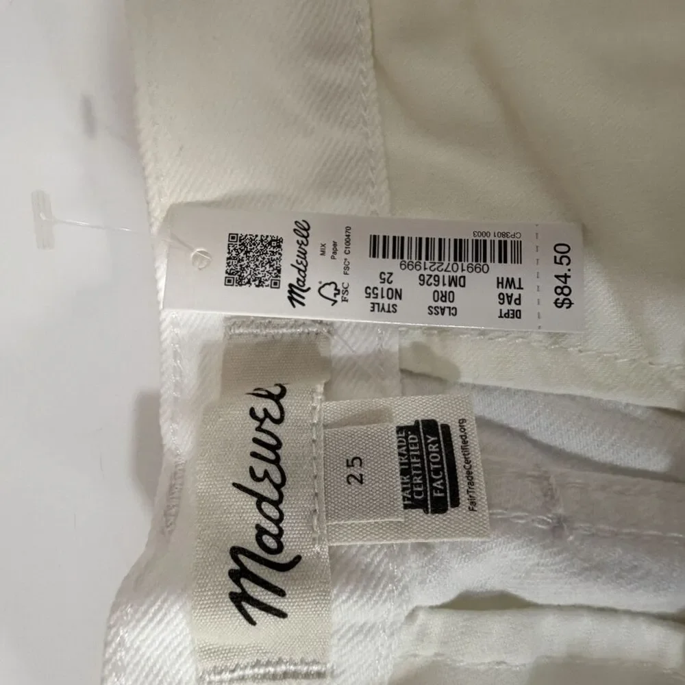 Size 25 Madewell White Pleated 100% Cotton Shorts NWT Belt Loops Pockets